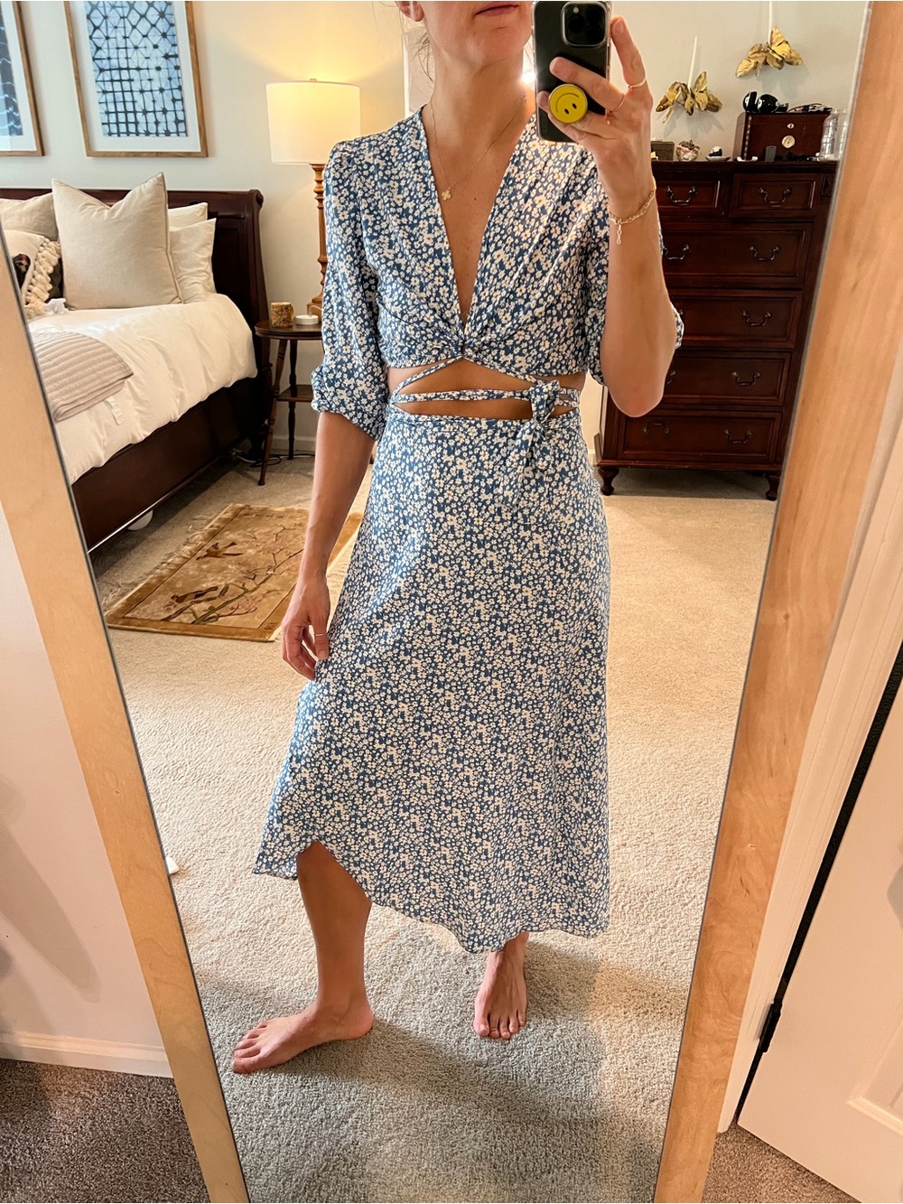 Blue Floral Tie-Front Midi Dress